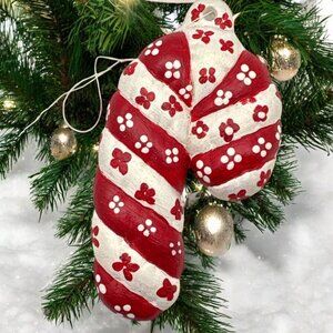 Vintage Candy Cane Christmas Ornament Red & White Floral Design Handpainted